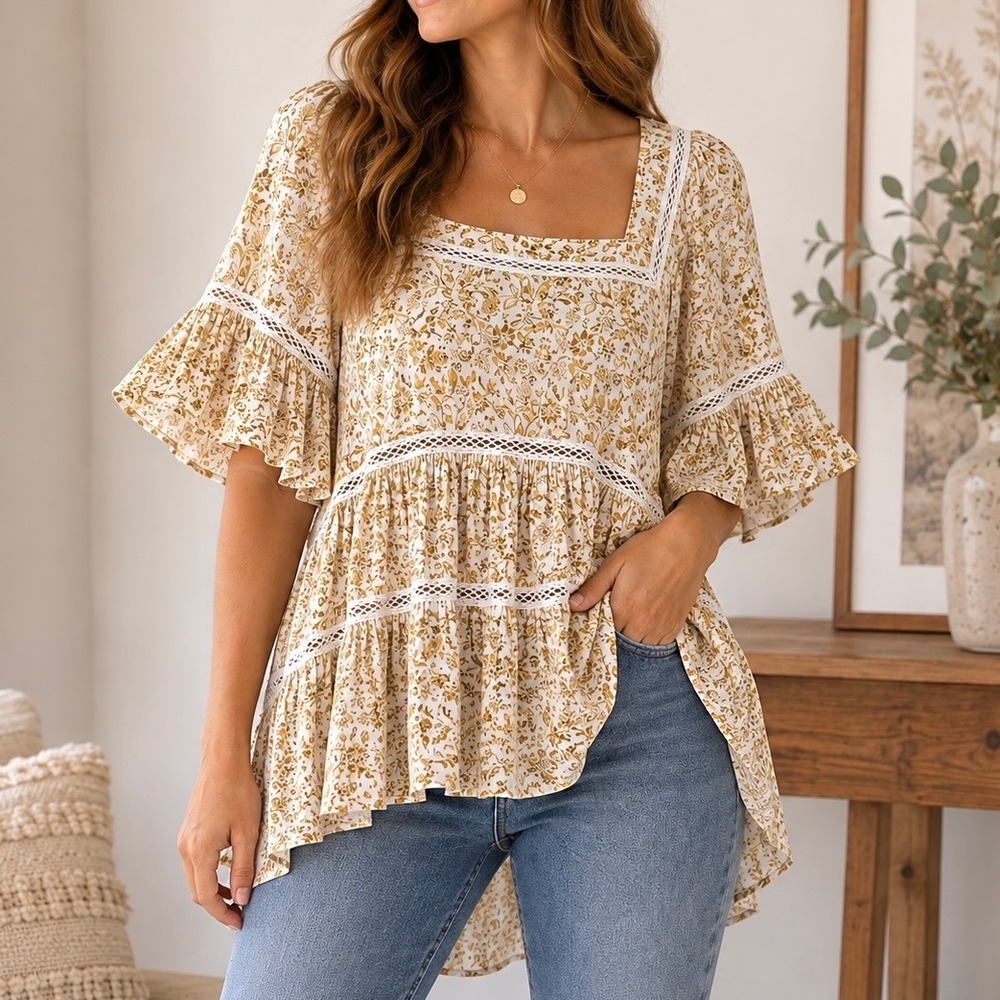 Free People Ivory Gold Floral Boho Babydoll Blouse Crochet Lace Flutter Sleeve S